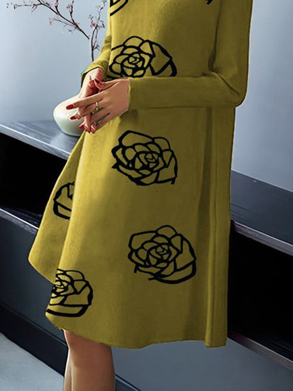 Long Sleeve One Shoulder Patterned Print Mock Two Piece Maxi A-Line Dress main image 0