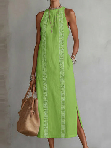 Sleeveless High-Waisted Pockets Printed Solid Color Halter-Neck Midi Dresses Sleeveless High-Waisted Pockets Printed Solid Color Halter-Neck Midi Dresses