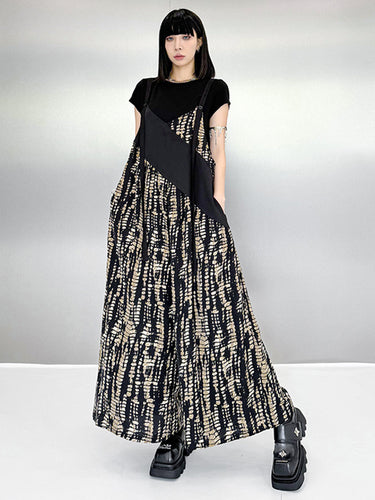1719672 Loose Sleeveless Asymmetric Contrast Color Printed Split-Joint Spaghetti-Neck Overalls