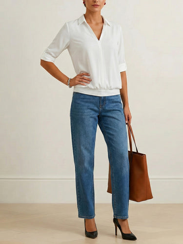 1733981 Half Sleeves Solid Color Split-Joint Lapel Blouses&Shirts Tops