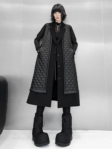 1720316 Loose Sleeveless Buttoned Plaid Pockets Solid Color Split-Joint Notched Collar Outerwear Padded Vest