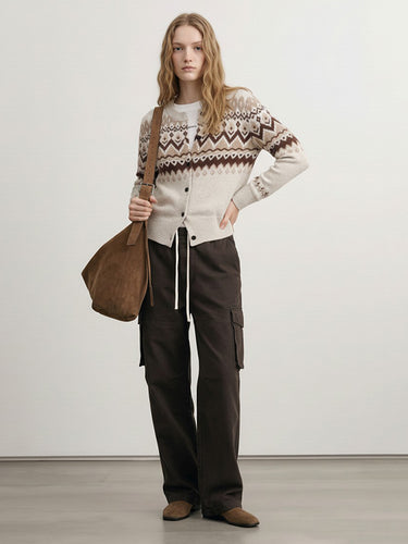 1730510 Long Sleeves Loose Buttoned Contrast Color Geometric Jacquard Split-Joint Round-Neck Outerwear Sweater