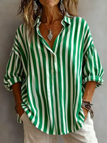 1783485 Long Sleeves Loose Buttoned Contrast Color Striped Lapel Blouses&Shirts Tops