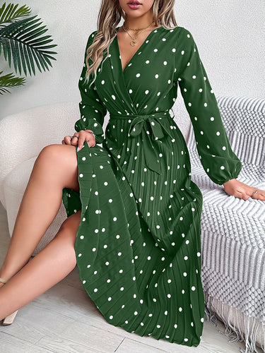 1756164 High Waisted Long Sleeves Pleated Polka Dot Tied Waist V-Neck Maxi Dresses Shirt Dress
