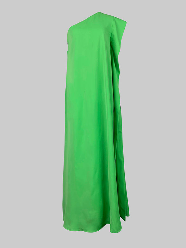 A-Line Loose Asymmetric Pleated Solid Color Tied One-Shoulder Maxi Dresses
