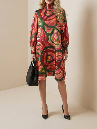 A-Line Long Sleeves Contrast Color High Neck Midi Dresses