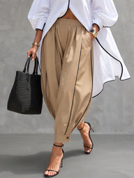 Solid Color Pockets Elasticity Buttoned Wide Leg Cropped Trousers Pants