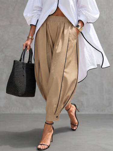 Solid Color Pockets Elasticity Buttoned Wide Leg Cropped Trousers Pants
