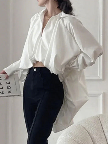 High-low Plus Size Long Sleeves Pleated Solid Color Lapel Collar Blouses&shirts Tops