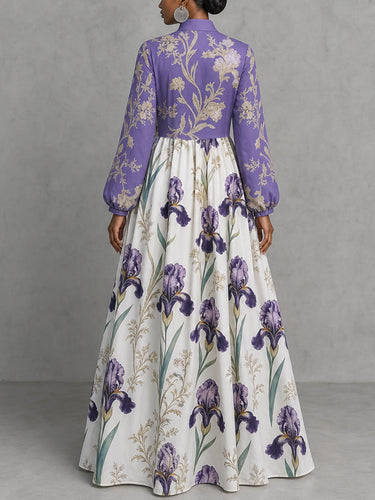 Split-Joint Ruched Pockets Flower Print Contrast Color Buttoned Loose Long Sleeves Stand Collar Maxi Dresses