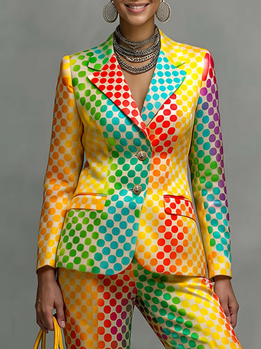 Polka-Dot No Belt Contrast Color Colorful Long Sleeves Notched Collar Outerwear Blazer