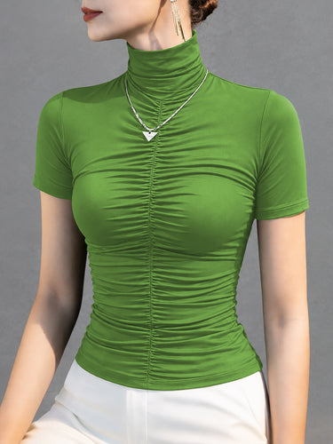 Split-Joint Solid Color Ruched Skinny Short Sleeves High-neck T-Shirts Tops