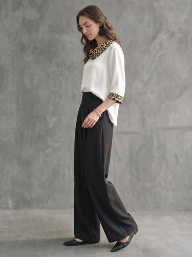 Split-Joint Leopard Contrast Color Three-quarter Sleeves Loose Heaps Collar Blouses&shirts Tops