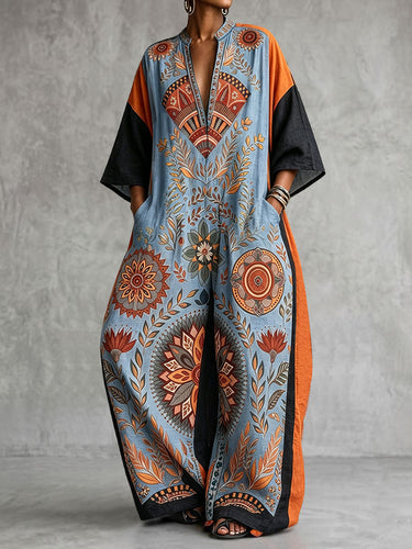 Split-Joint Pockets Flower Print Contrast Color Three-quarter Sleeves Loose V-neck Jumpsuits