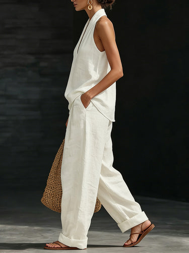 Ensemble deux pièces ample, couleur unie, col en v, débardeur sans manches + pantalon à poches