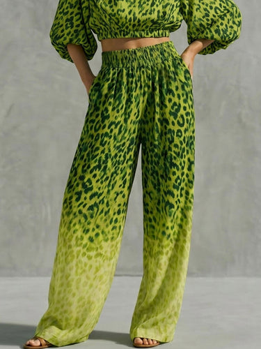 High Waisted Wide Leg Contrast Color Elasticity Leopard Pockets Printed Pants Trousers