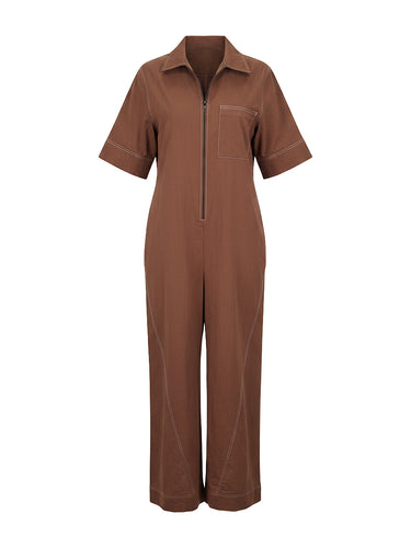 Lose, kurze Ärmel, Taschen, einfarbig, Reißverschluss, Stehkragen, Overalls