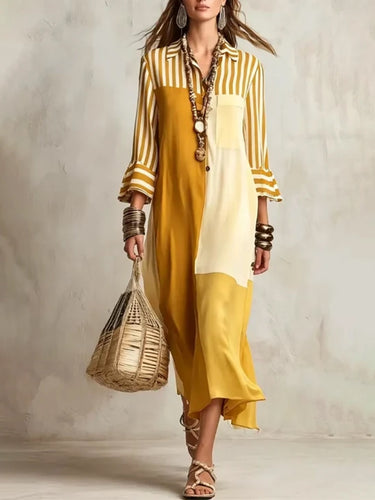 Striped Split-Joint Contrast Color Three-quarter Sleeves Ruffle Sleeves Lapel Midi Dresses