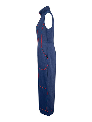 Jumpsuits met hoge taille, mouwloze zakken, ritssluiting en opstaande kraag
