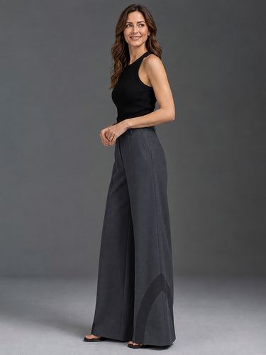 Split-Joint Pockets Elasticity Contrast Color Wide Leg High Waisted Trousers Pants