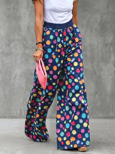 Pantalones de lunares con bolsillos elásticos de color en contraste de pierna ancha de talle alto Pantalones