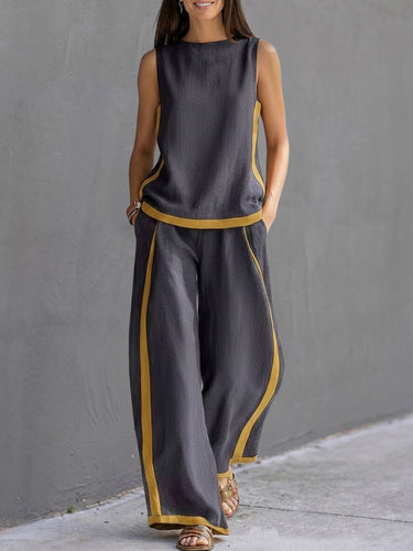 Contrastkleurige broek met hoge taille + mouwloze top met ronde hals, tweedelige set