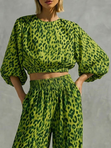 Cropped Long Sleeves Elasticity Leopard Printed Round-Neck Blouses&Shirts Tops