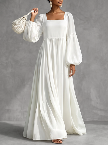 Zipper Split-Joint Solid Color Elasticity Backless Puff Sleeves Loose Square-neck Maxi Dresses