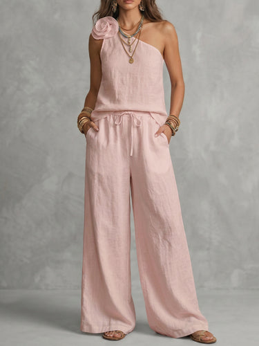 Loose Sleeveless Solid Color Three-Dimensional Flower One-Shoulder Tank Top