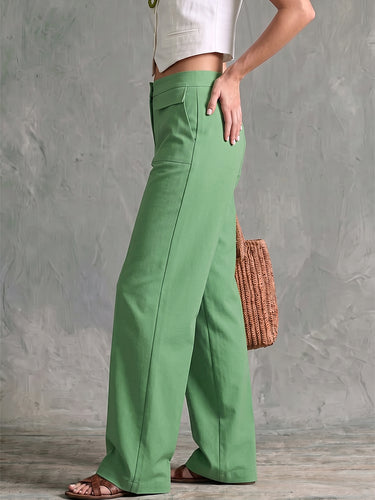 Solid Color Pockets Elasticity Buttoned Wide Leg High Waisted Trousers Pants