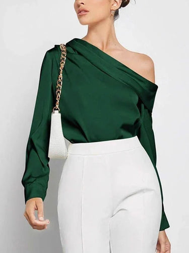 Long Sleeves Skinny Pleated Solid Color Split-Joint One-Shoulder Blouses&Shirts Tops