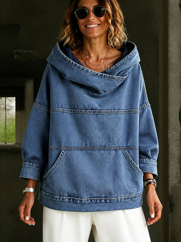 Split-Joint Solid Color Pockets Loose Long Sleeves Hooded Hoodies&sweatshirt Tops