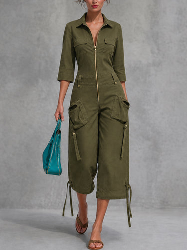 Zipper Tiered Solid Color Pockets Buttoned Three-quarter Sleeves Lapel Jumpsuits