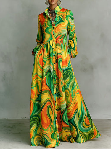 Printed Pockets Pleated Contrast Color Loose Long Sleeves Stand Collar Maxi Dresses