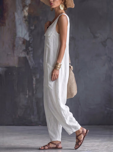 1781367 Loose Sleeveless Pockets Solid Color Square-Neck Jumpsuits