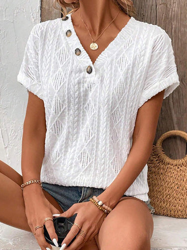 Gevşek Kısa Kollu Düğmeli Düz Renk V Yağ T-Shirts Üstler