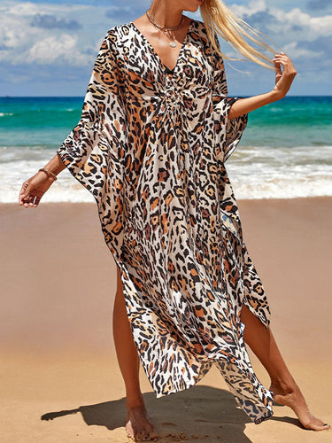 Mangas de batwing leopardo suelto articulación dividida protección solar solar encubrimiento de playa de colmena maxi vestidos maxi