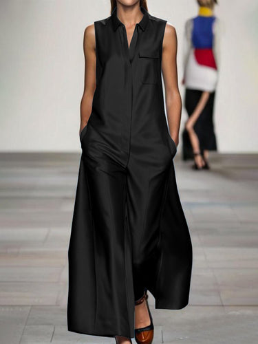 1652126 Losse mouwloze zakken, effen kleur revers jumpsuits