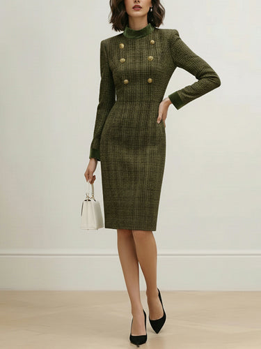 High Waisted Long Sleeves Buttoned Solid Color Split-Joint Zipper Mock Neck Midi Dresses