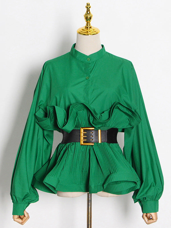 Solid Color Long Sleeve V-Neck Falbala See-Through Thin Buttoned Blouse