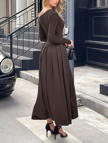 1731811 High Waisted Long Sleeves Pleated Solid Color Split-Front One-Shoulder Maxi Dresses