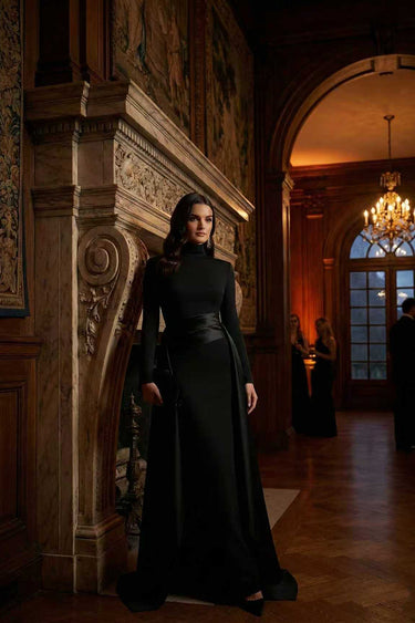 Bodycon Elasticated Waist Asymmetric Solid Color Split-Joint High Neck Maxi Dresses