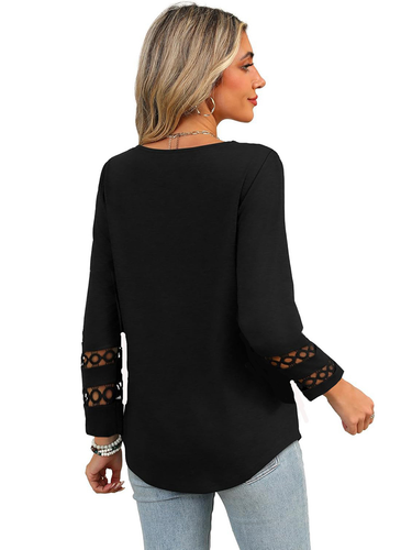 Long Sleeves Loose Hollow Solid Color Split-Joint V-Neck T-Shirts Tops