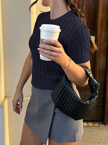 1730865 Short Sleeves Solid Color Split-Joint Round-neck Pullovers Sweater Tops