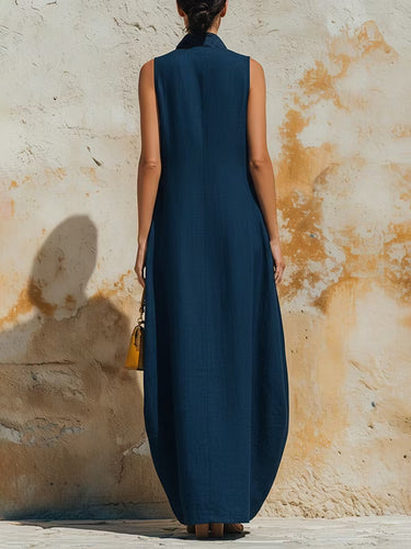 1784993 High Waisted Loose Buttoned Contrast Color Split-Front Zipper Lapel Maxi Dresses