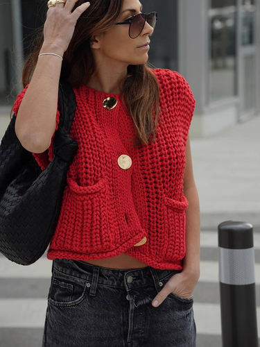 1783577 Sleeveless Buttoned Pockets Solid Color Cardigan Tops Knit Top