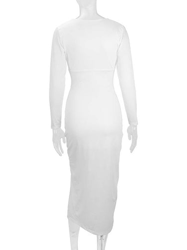 1726397 Bodycon Elasticated Waist Pleated Solid Color Split-Joint Split-Side Deep V-Neck Midi Dresses