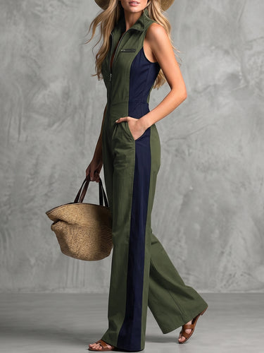 Mouwloze jumpsuits met wijde pijpen, contrasterende kleuren en zakken met ritssluiting en revers