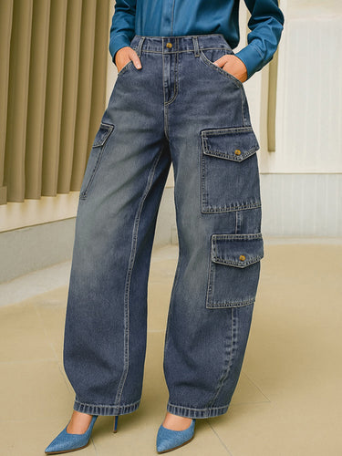 High Waisted Loose Buttoned Pockets Solid Color Split-Joint Jean Pants Bottoms