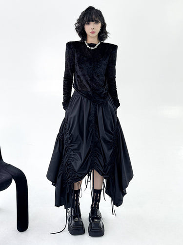 1721448 A-Line Elasticated Waist Asymmetric Drawstring Pleated Solid Color Skirts Bottoms